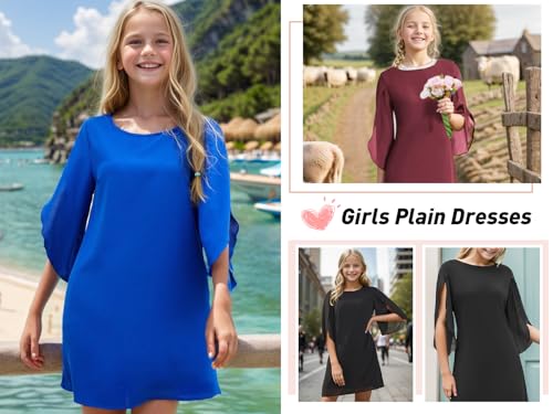 Girls Plain Dresses Flowy Sleeve Kids Teen Dress Crew Fashion Clothes Zipper Formal Outfits4