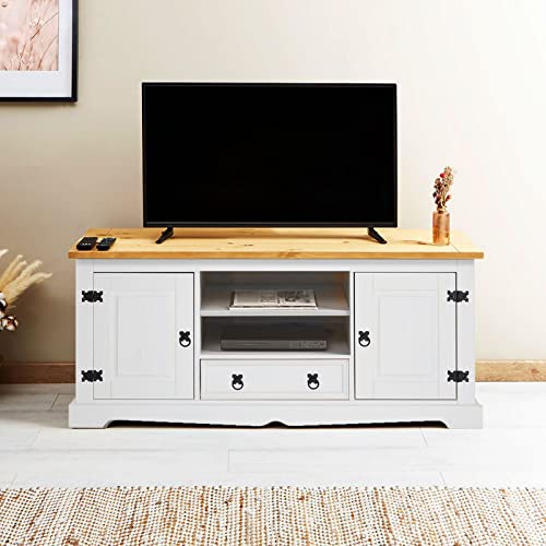 IDIMEX Meuble TV Tequila de 140 cm en Bois Style Mexicain avec 1 tiroir 2 niches et 2 Portes, en pin Massif lasuré Blanc et Brun