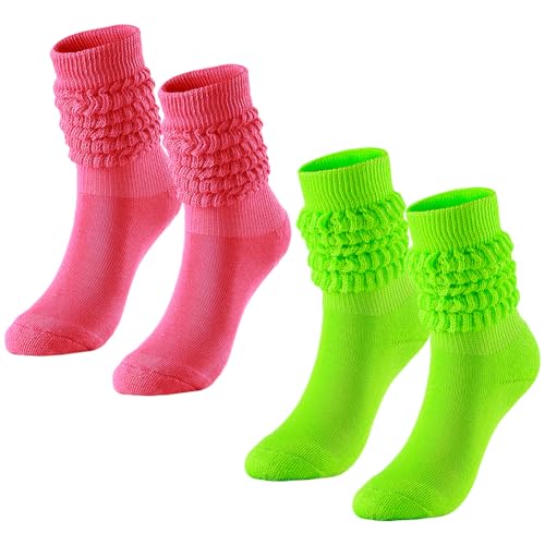 HugeDE 2 Pairs Knit Slouch Socks Long Boot Socks Knee High Socks Slouchy Scrunch Socks Knitted Stack Socks Neon Party Socks for 80s Costume