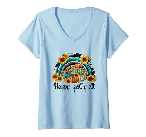 Happy Fall Yall - Camisa gráfica de vaca, arcoíris, calabaza, girasol Camiseta Cuello V