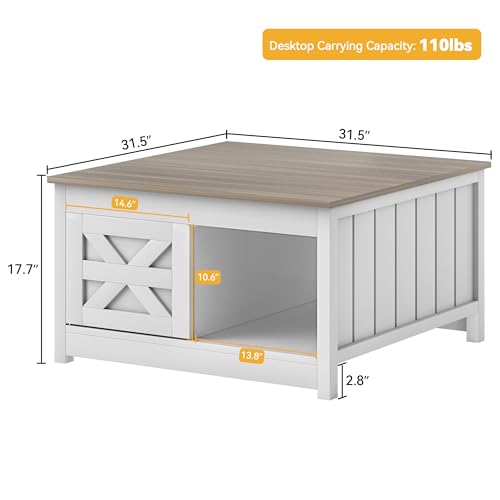 DWVO Farmhouse Storage Coffee Table: Wooden Square Center Table with Sliding Barn Door, Half Open Storage for Living Room, Grey