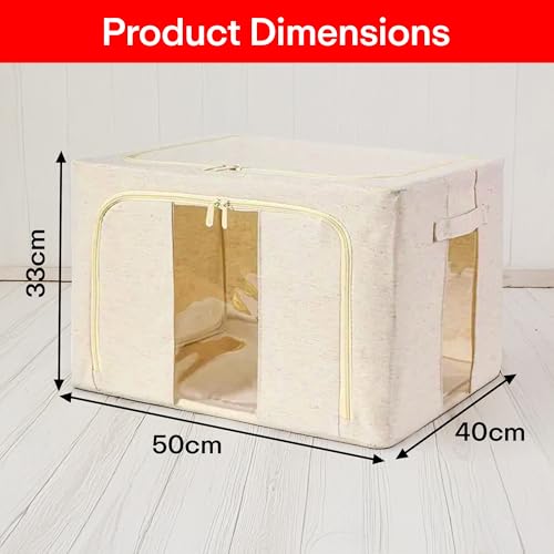 Image of Prime Pick Storage Box Foldable Cotton Jute Cloth Organizer with Transparent window Reinforced Handles Washable Wardrobe Storage for Clothes Almirah Drawer Beige XXL Size Pack of 3