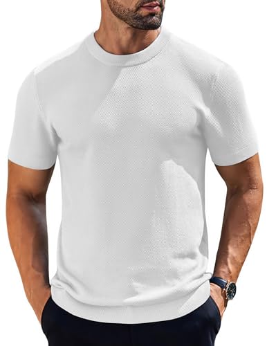 COOFANDY Hombres Camisas de Cuello Redondo Camisetas de Manga Corta de Punto Clásico Vestido Camisetas Casual Elegante Verano, Blanco