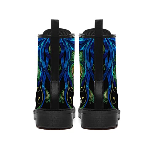 Uminder Mens Womens Peacock Boots Combat Boots Vegan Leather Boots Green Blue Peacock Feather Print Work Boots Shoes For Him Her,Size 12 Men/13.5 Women Black #TOP5