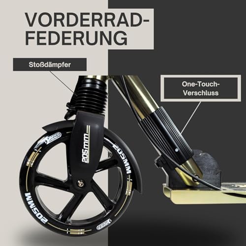 Best Sporting High End Scooter Erwachsene I klappbarer Roller mit St&auml;nder, Handbremse, Klingel und Tragegurt I Gold I City-Roller f&uuml;r Erwachsene I Tretroller mit Rollengr&ouml;&szlig;e 205 mm
