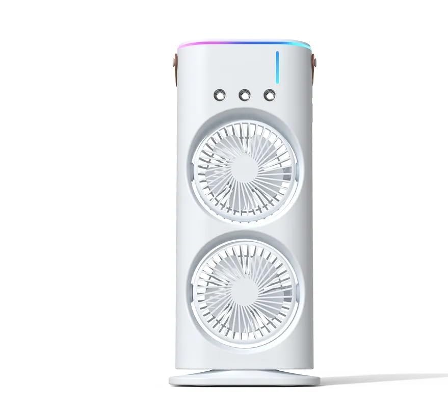 Image of Double Layer Mini Air Cooler Fan with Mist & Water Tank, Portable USB Rechargeable Desk Fan with Ice Cooling, 3 Speed Personal Air Cooler for Home, Office & Travel