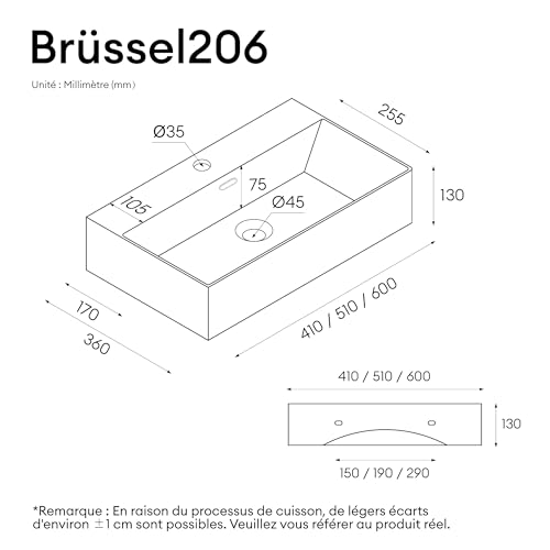 doporro Lavabo de Cerámica Rectangular 60×36×13 cm, Lavabo Sobre Encimera o Suspendido, Acabado Blanco Brillante, Lavamanos para Baño, Brüssel206 - imagen 7