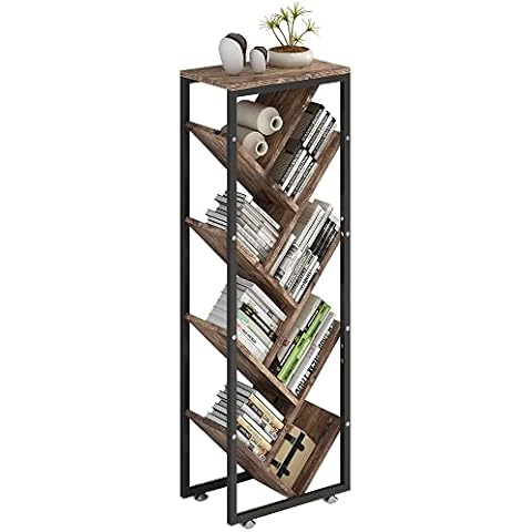 4NM Tree Bookshelf with Storage Space, 9 Shelf Floor Standing Bookcase for CD Storage and Magazine Rack, Wooden Book Shelves for Small Spaces (Rustic Brown and Black) Cover