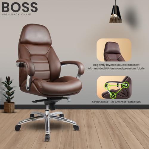 Image of Make My Chairs Boss High Back Ergonomic Leatherette Office Chair with 5 Star Strong Aluminium Base | Directors & MD Chairs | Executive Premium Chair (Brown,3 Years Warranty)
