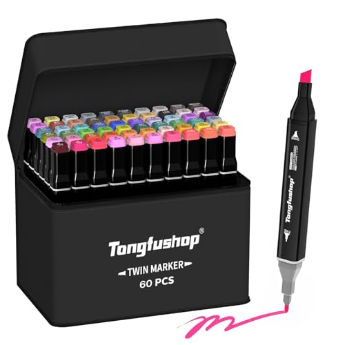Tongfushop Marcatore 60 Colori, Pennarelli Doppia Punta 2S Asciugatura Rapida, Marker Pennarelli Professionali con Base e Borsa per Adulto Sketch, Colorare, Illustrazioni, Disegnare, Anime