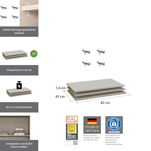 Rauch Möbel ZUBEHÖR, Einlegeböden, 3er-Set, für Schwebetürenschränke von Rauch mit Einer Elementbreite von 87,5 cm, Schrankhöhe 210 cm und Schranktiefe 59 cm, Maße 85x12x50cm