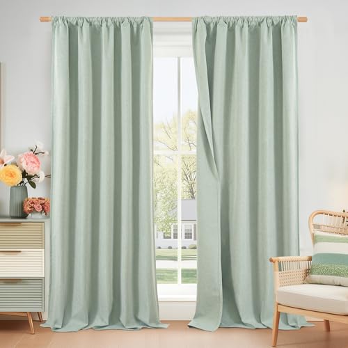 BGment Light Sage Green Linen Blackout Curtains for Bedroom 84 Inch Length, Thermal Insulated Drapes Rod Pocket Room Darkening for Living Room Privacy, 2 Panels Set, Each 52 Inch Wide