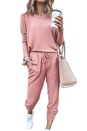 Selowin Women's Casual 2 Piece Sweatsuit Long Sleeve Loungewear Outfits Sport Jogger Set Pink L