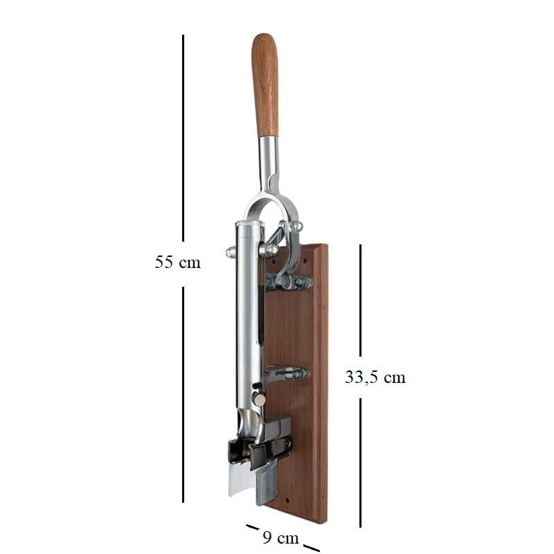 Virsus Cavatappi Professionale a Parete 2104, Lungo 55 cm, Struttura Cromata con Supporto in Legno misura 9x33,5 cm, Apribottiglie da Muro, Levatappi per bottiglie di vino