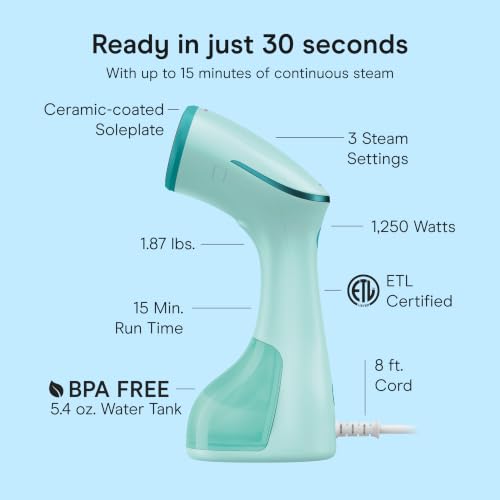 Conair Power Steam Garment Steamer, Clothes Steamer Handheld with Ceramic Soleplate, Clothing Steamer, 35-Second Heat-Up, 15-Minute Steam, Fabric Attachments, Mint Green - image 4