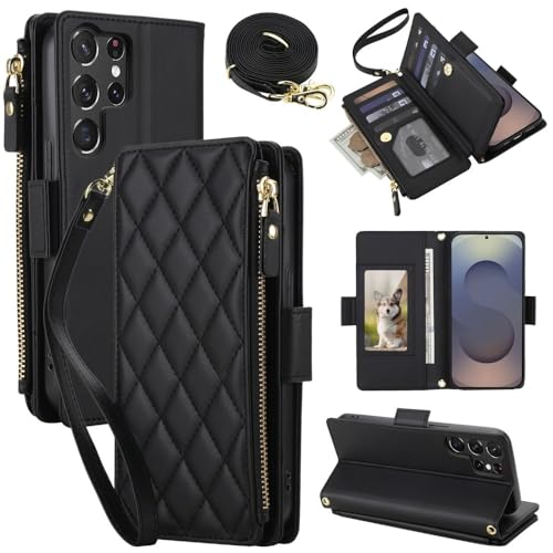 Étui portefeuille pour Samsung Galaxy S24 Plus avec fermeture éclair sécurisée et sangle