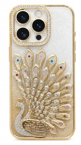 Image of mobistyle Designed for iPhone 16 Pro,3D Diamond Luxury Electroplate Glitter Peacock Tail Bling Design Camera Protection Shockproof Phone Back Cover Case for (Gold, iPhone 16 Pro)
