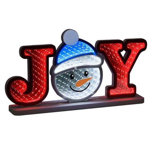 MEETYAMOR Christmas Decorations Indoor JOY Snowman Infinity Mirror Tunnel Light Christmas Table Decorations with Endless Extension Lights for Home Mantel Table Centerpiece Lamp Xmas Decor