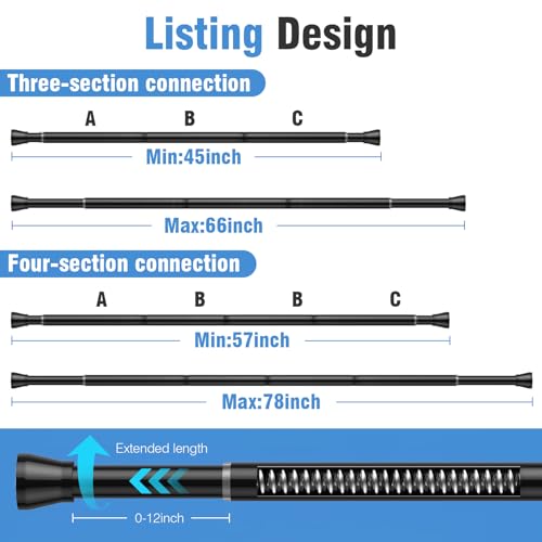 Image of AIZESI 2 Pack Tension Curtain Rod for Windows 45 to 77 Inch, Adjustable Expandable Spring Curtain Rods No Drilling, Non Slip Curtain Rod for Bedroom Doorway Closet, Black