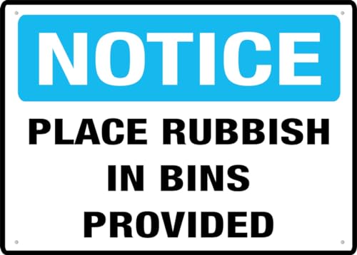 Zeasdacu Place Rubbish in Bins Provided Tin Sign 12"x8", Sturdy Metal, UV/Fade Resistant, for Home Kitchen, Park & Office Break Room