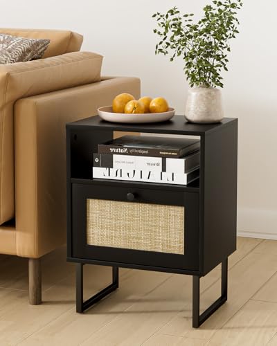 Image of Rattan Nightstand, Boho Night Stand Farmhouse Wood Bedside Table with Storage and Open Shelf, End Side Accent Table for Bedroom,Living Room,Black