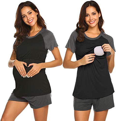 Image of Ekouaer Short Sleeve Postpartum Pjs Nursing Pajama Shorts Set Contrast Color Maternity Petite (Black2 L)