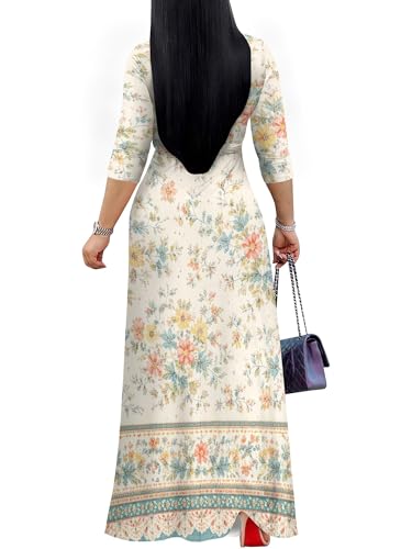 Image of Women's V Neck Floral Maxi Dress 3 /4 Sleeve Plus Size Boho Wrap Flowy Long Dresses with Belt
