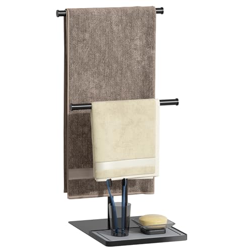 NADAMOO Towel Holder Stand Adjustable Height 13.8-24 Freestanding Double Bar Towel Rack with Stone Drying Tray Wide Weighted Base Rustproof Black Metal for Bathroom Kitchen Countertop