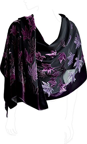 JennyJames Silk Base Burn-out Velvet Shawl, 72" L x 21" W, Maple Leaf, Purple_black2