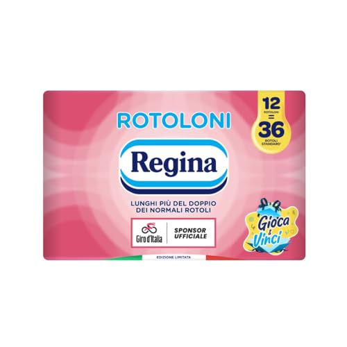 Rotoloni Regina - 12 Maxi Rotoli di Carta Igienica, 500 Fogli a 2 Veli, Lunghi Più del Doppio dei Normali Rotoli, Confezione 60% in Plastica Riciclata, Carta 100% Certificata FSC