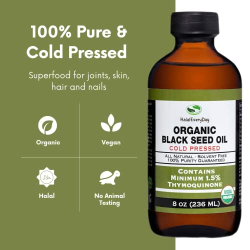 Certified Organic Black Seed Oil - Pure And Cold Pressed - 8 Oz Glass Bottle Non-Gmo Vegan Undiluted - Nigella Sativa Hexane Free Halal - Contains 1.5% Thymoquinone #TOP1