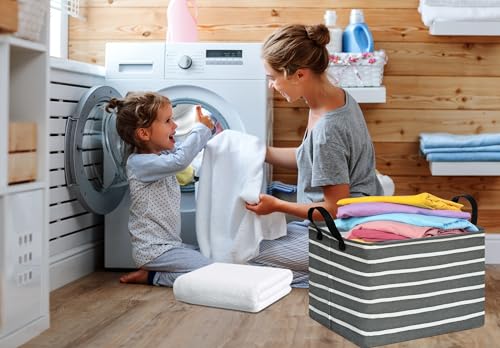 Image of Baby Storage Basket Nursery Box Laundry Hamper Organization Bins for Toys and Clothes with Handles (Stripe)