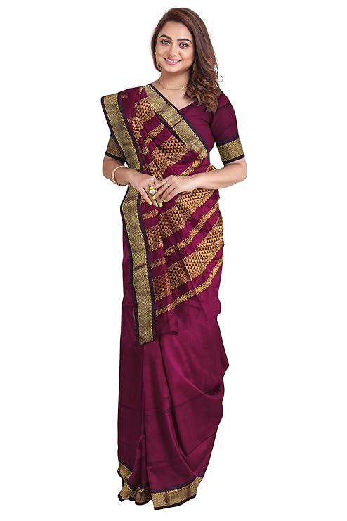 Image of Women's Premium Kanjivaram Cotton Silk Saree South Indian Paithani Sari | Gadwal Cotton Sarees Zari Border with Blouse Piece - Elegant Wedding & Festival Saree | Lightweight & Comfortable Brown 01