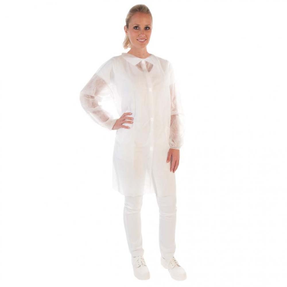 FRANZ MENSCH 100 Stück Hygonorm Besucherkittel Eco mit Klettverschluss, Hemdkragen | PP, weiß, 4XL, L: 110cm, Umfang: 160cm, Karton, Besucherkittel, Einweg-Schutzkittel, Einmalkittel
