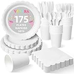 Vyntra 175 Pcs White Disposable Paper Plates and Napkins Set for 25, 9" Dinner Plates & 7" Dessert Plates, Tableware for Wedding, Bridal Shower, Birthday, Party