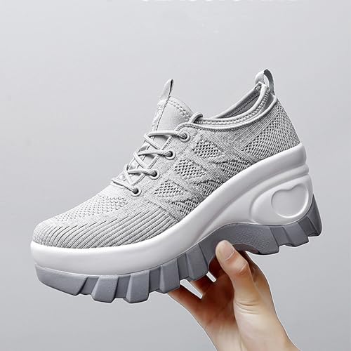 Image of Women's Chunky Platform Comfort Orthopedic Wedge Walking Shoes Fashion Knitted Breathable Lace Up Lug Sole Casual Non-Slip Running Shoes with Arch Support