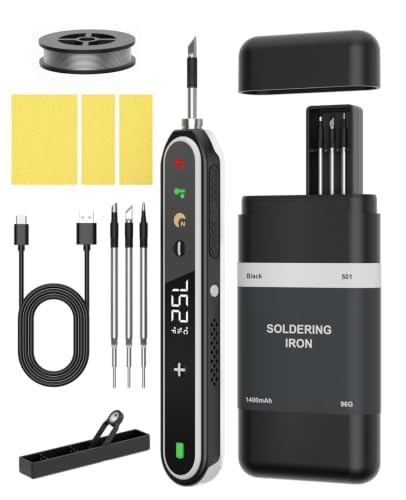 Cordless Soldering Iron Kit, 7S Fast Heating, Type-C Charging, Adjustable Temp 180~450℃, 1400mAh Portable Wireless Soldering Pen Includes 3 Tips & Lead-Free Solder Wire-Black