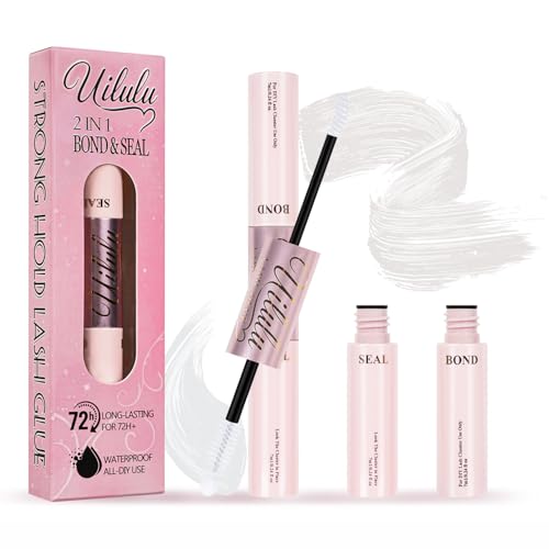 Uilulu Clear Lash Cluster Glue - Waterproof Lash Glue Use 2 in 1 Clear Lash Bond and Seal Strong Hold DIY Eyelash Adhesive for Cluster &amp; Individual Lashes DIY Eyelash Lash Cluster Glue(7ml+7ml)