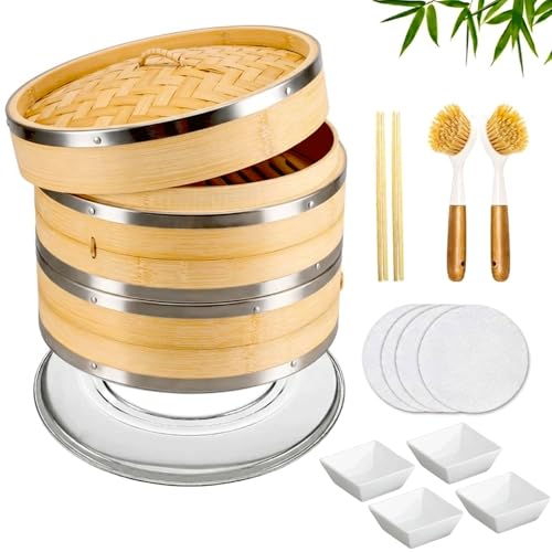 Bamboo Steamer Basket 10 Inch 2 Tier Set for Cooking | Dumpling Steamer Basket for Dim Sum, Bao Buns, Momos, Rice & Vegetables | Natural Bamboo Steamers with Liners & Accessories