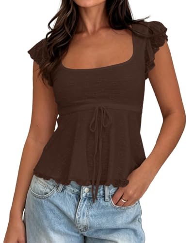 BAIGRAM Women Floral Flowy Babydoll Peplum Tops Y2K Cap Sleeve