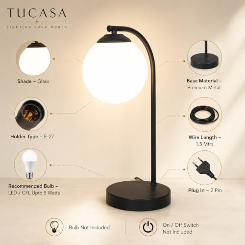 Image of tu casa Black Metal Table Lamp | White Glass Shade | Durable Metal Construction | Modern Home Decor | Without Bulb | Ambient Lighting for Bedroom, Living Room, Lounge, Office, Study & Festival Gifting