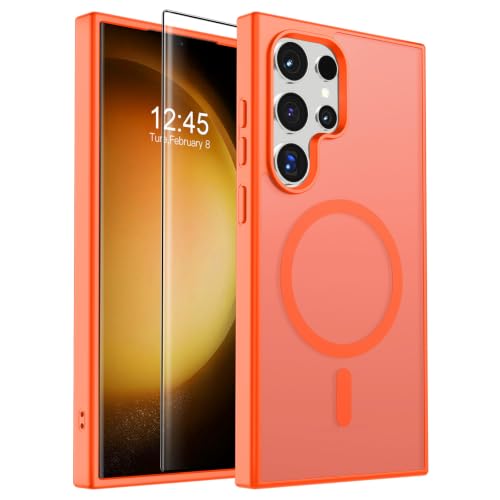 Image of SUPFINE Magnetic for Samsung Galaxy S23 Ultra Case with Screen Protector, (Built-in Magnets) (Military Grade Drop Protection) Slim Translucent Shockproof Phone Case,Orange