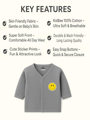Image of Kidbee Baby Front-Open Cotton Jabla /Top, Full Sleeve, Unisex, Months, Pack of 3