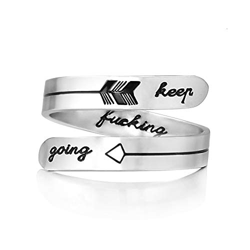 Vrycot Silver Keep Going Ring Stainless Steel Adjustable Inspirational Bands Cool Stacking Opening Gift for Women Statement