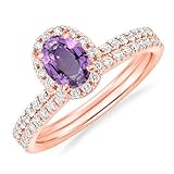 1.00 Carat Oval Cut Amethyst & White Diamond Halo Engagement Ring With Matching Band For Women, 14K Rose Gold Plated 925 Silver February Birthstone Amethyst Halo Bridal Set