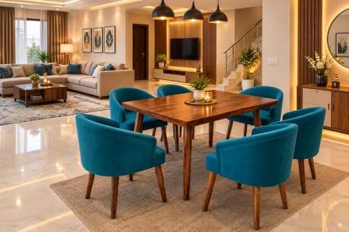 Image of DaneWood Wooden Dining Table 6 Seater | Six Seater Dinning Table with 6 Upholstered Dining Chairs | Dining Room Sets for Restaurants | Sheesham Wood | Honey Finish & Blue Velvet Fabric Chairs