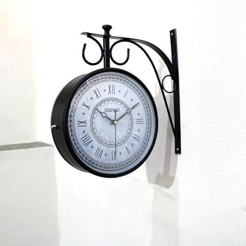 Image of Amazon Brand - Solimo Double Sided Vintage Station Wall Clock, one Side Roman and Other Side Numeral dial (8 Inches, Black) Metal, Analog