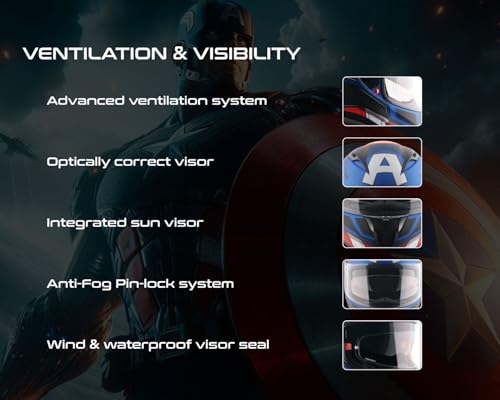 Image of Axor Street Marvel Captain America ISI ECE and DOT Certified Lightweight Full Face Helmet for Men and Women with Scratch and UV Resistant Dual Visors with Anti-Fog Pin Lock System-Blue Red White-M