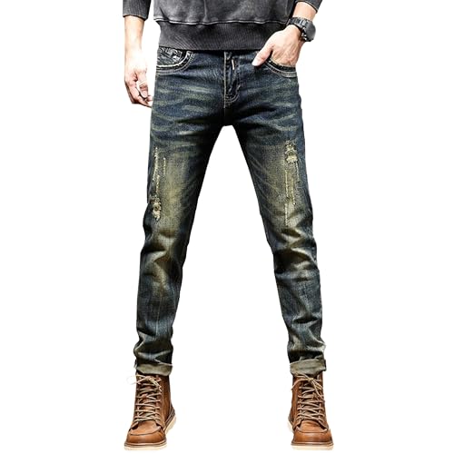 Qolkmuiy-GJ Men's Non-Stretch Tapered Jeans Casual Slim Straight-Leg Denim Trousers Fashion Comfort Flex Waist Pants (Blue,34)