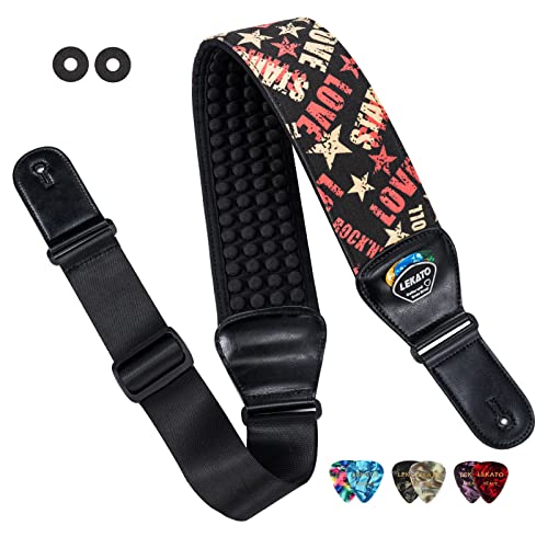 LEKATO Gitarrengurt, 3D Neopren Schaumpolster Bassgitarrengurt 3 Zoll Breite 114–139cm Länge, Verstellbarer Guitar Strap mit Lederenden für Bass und E-Gitarre - Liebe